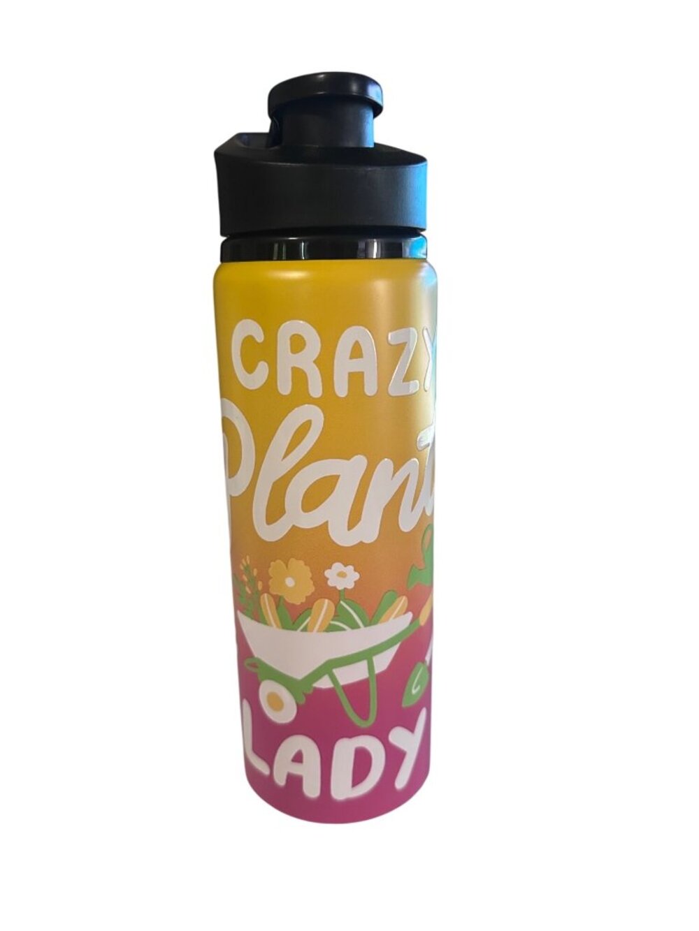 24 fl oz aluminum water bottle Crazy Plant Lady pink and yellow UTDTF
